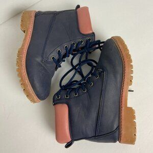 Faux fur inside girls navy and pink boots Sz 10